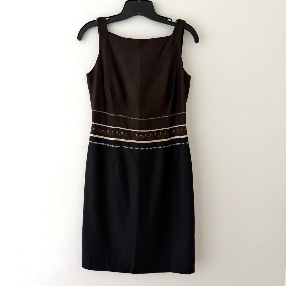 Vtg Ann Taylor 100% Silk‎ Sheath Dress Square Neck Brown Black Embroidered 2